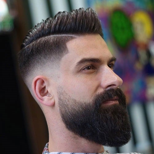 Big Comb Over + Mid Fade + Long Beard