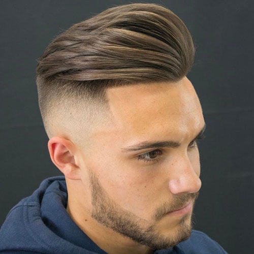 Comb Over Pomp with High Bald Fade and Beard