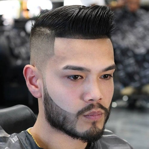 Comb Over Quiff + High Bald Fade + Cool Beard Design