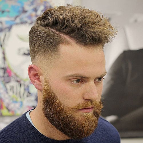 Curly Comb Over Fade + Hard Part + Thick Beard