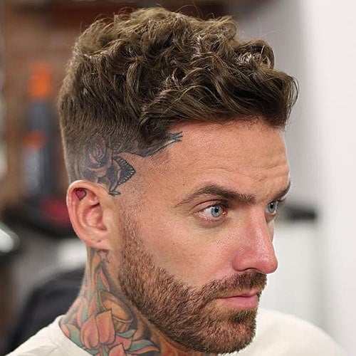 Curly Crew Cut with Side Swept Hair and Mid Fade