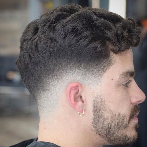 Curly Hair Fringe with Low Bald Fade and Beard