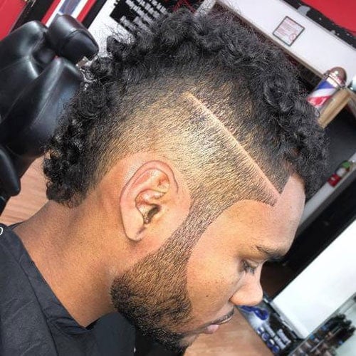 Haircuts For Black Men - Curly Faux Hawk Fade Edge Up with Beard