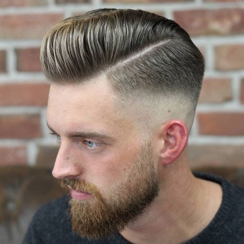 Pompadour with Hard Part and Mid Skin Fade