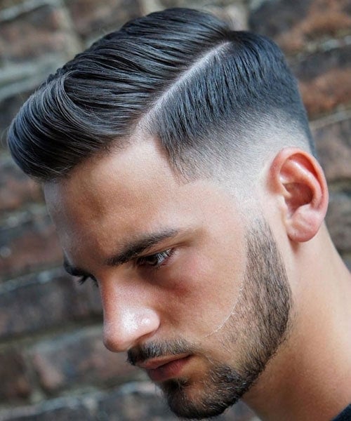 Hard Side Part + Low Taper Fade + Beard