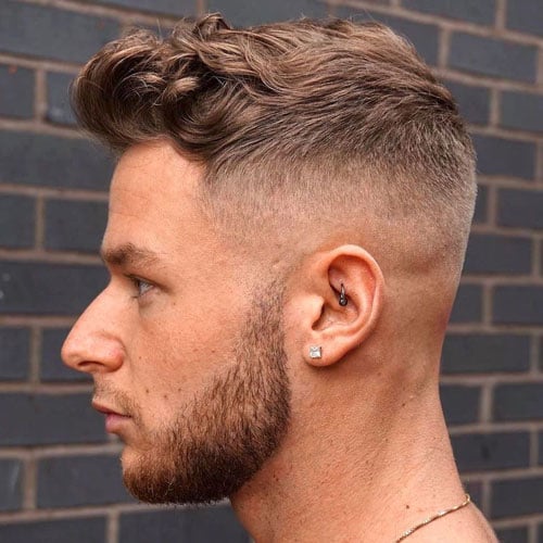 High Fade + Textured Wavy Quiff + Beard