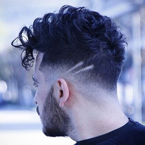 High Fade + Two Lines Design + Curly Hair Fringe