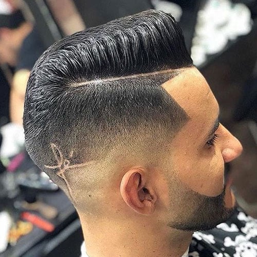 High Skin Fade + Line Up + Hard Part Pomp