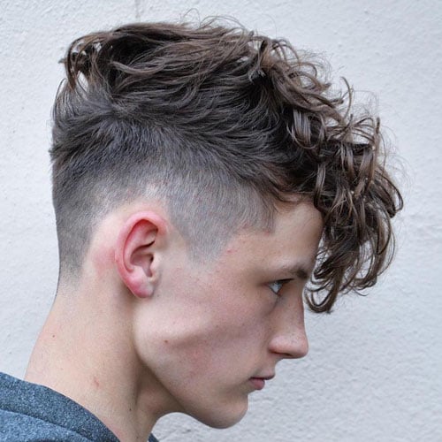 Long Curly Hair Fringe with Taper Fade