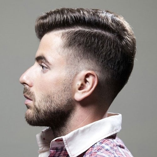 Low Drop Fade with Hard Side Part and Beard