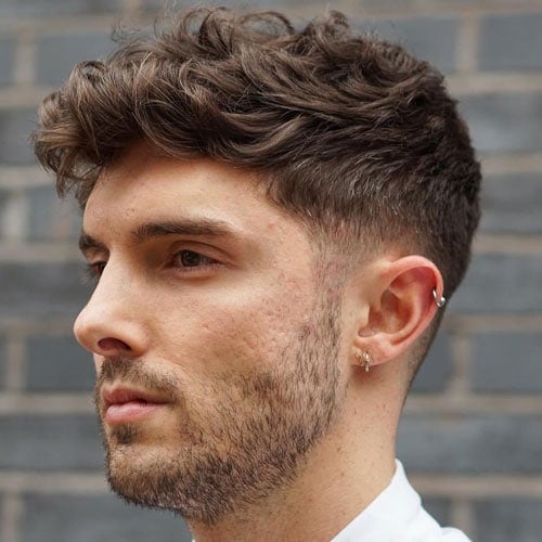 Low Taper Fade with Curly Cropped Fringe