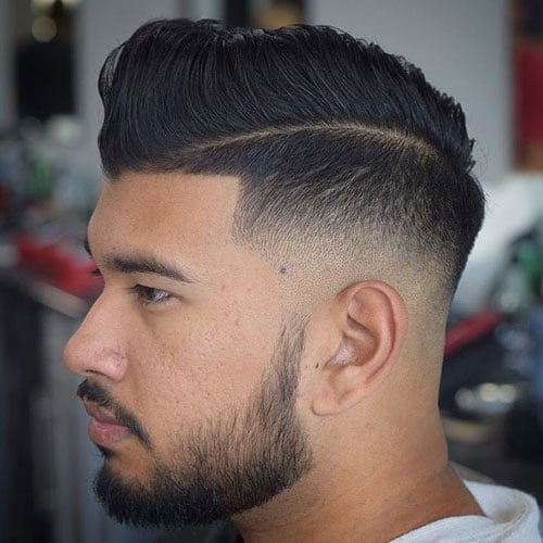 Mid Fade with Hard Part Comb Over