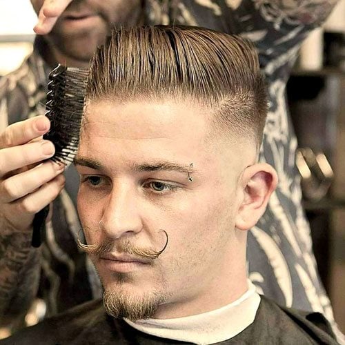 Mid Razor Fade with Comb Over and Handlebar Mustache