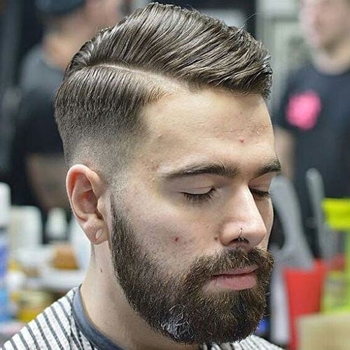 Mid Skin Fade with Hard Side Part and Beard