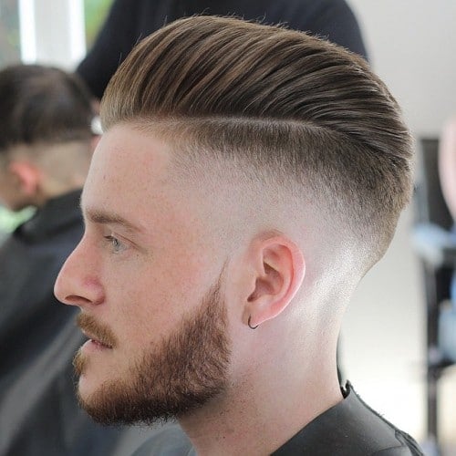 Pompadour Comb Over + High Bald Fade + Thick Beard