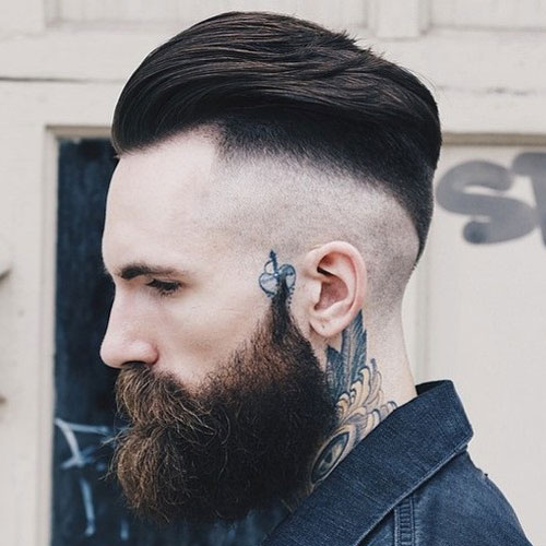 Razor Undercut Fade + Slicked Back Hair + Thick Beard