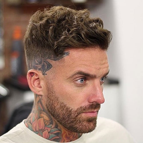 Short Curly Hair + High Skin Fade + Thick Beard