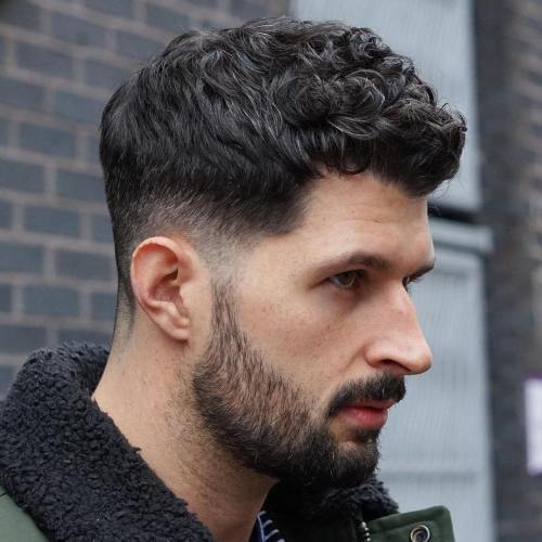 Short Wavy Fringe + Low Taper Fade + Beard