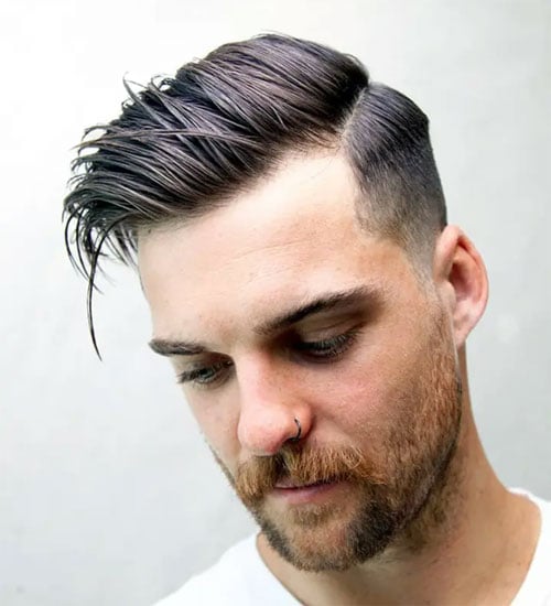 Sleek Comb Over with Mid Fade and Short Beard