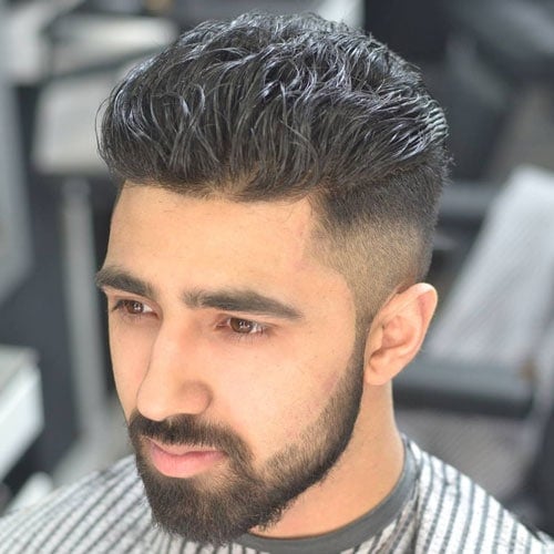 Thick Brushed Up Hair + High Taper Fade + Full Beard