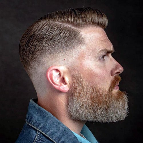 Thick Comb Over with Low Skin Fade and Beard