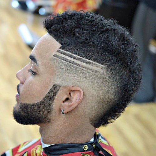 Wide Curly Mohawk with Fade and Hair Design